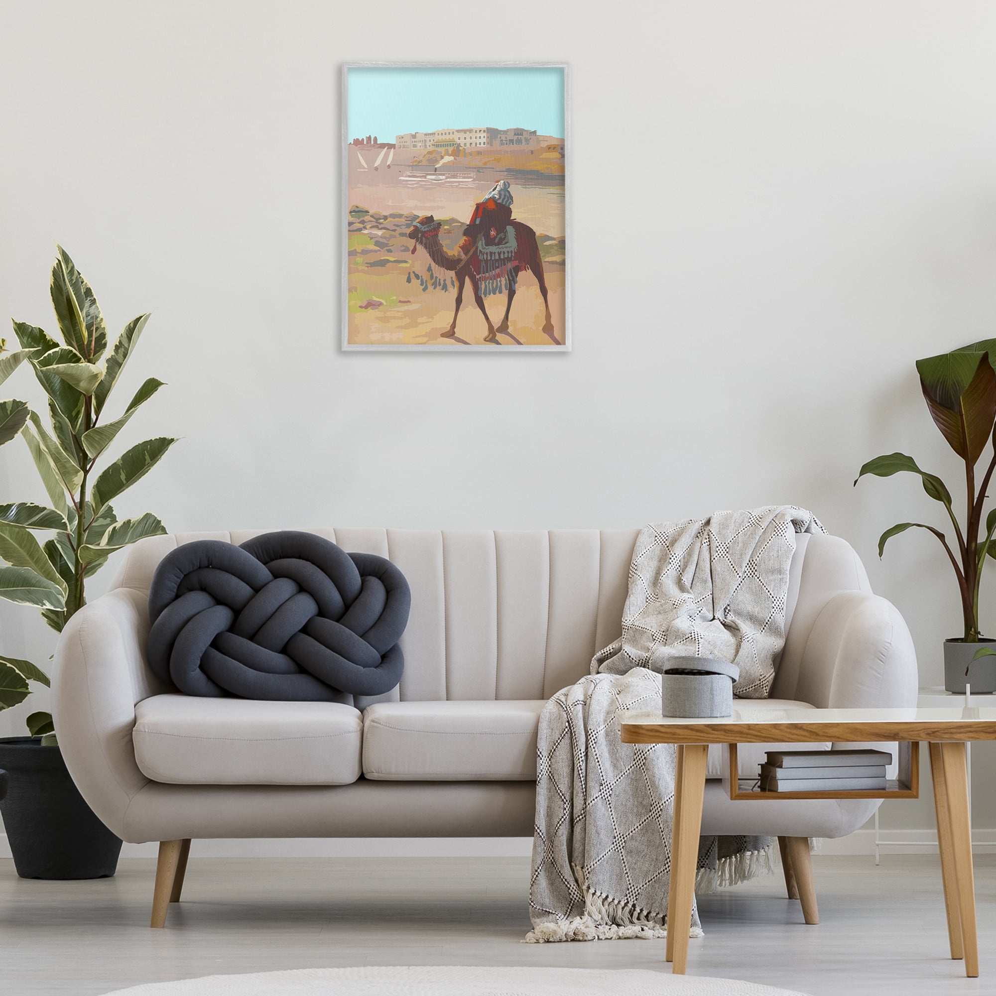 Stupell Industries Camel in Desert Town Landscape Painting Gray Framed Art Print Wall Art, 24 x 30