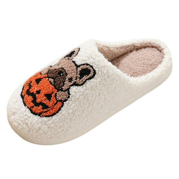 Gaexia Women's Furry Halloween On Slippers Cozy Winter Home Shoes Soft Flat Round Toe Cartoon Prints Couples Comfortable Indoor Outdoor