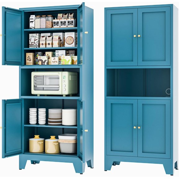 Kitchen Pantry Storage Cabinet, Metal Storage Cabinet with 4 Doors & 3 Adjustable Shelves,Freestanding Bathroom Floor Cabinet for Bathroom, Living Room, Kitchen, Pantry, Blue