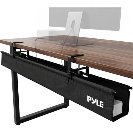 Pyle 36" Under Desk Cable Management Tray – Clamp or Screw Mount Wire Organizer with Fabric Design, Built-In Cable Ties, 20 lb Capacity for Large Workstations (Black)