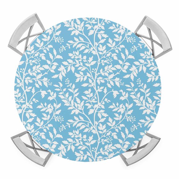 Elastic Fitted Round Tablecloth, Blue Spring Floral Waterproof Stretch Table Cover for 36"-44" Tables, Farmhouse Flowers Elegant Pastoral Washable Outdoor Tablecloths for Patio, Picnic, Camping
