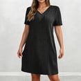 thumbnail image 5 of IUYRTFE Women Solid Color Short Sleeve V Neck Ribbed Dress Casual Loose Fit Summer Mini Dress, 5 of 6