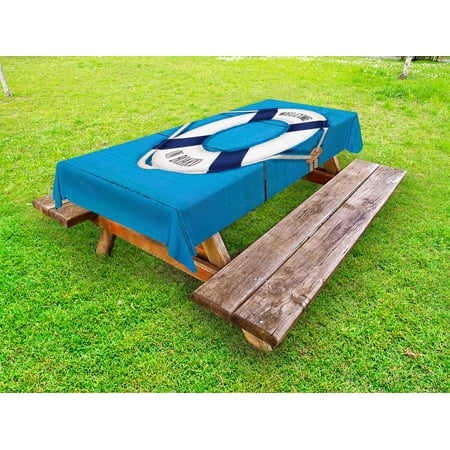 - Buoy Outdoor Tablecloth, Welcome on Board Sign on Painted Timber Wall Life Buoy Tightened with Rope, Decorative Washable Fabric Picnic Table Cloth, 58 X 84 Inches,Blue Navy Blue White, by Ambesonne