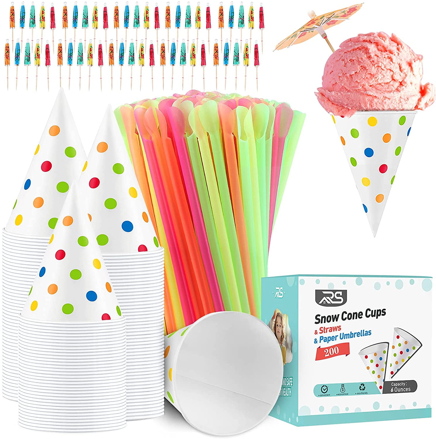 200 Snow Cone Cups 6 Oz and 200 Spoon Straws 
