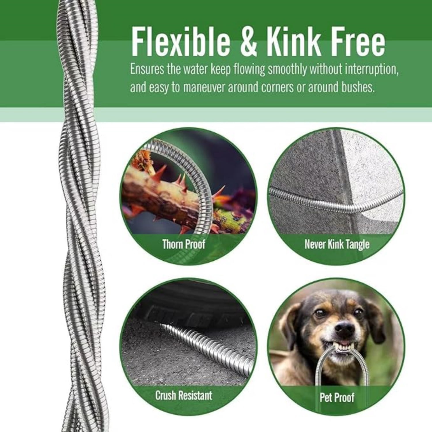 304 Stainless Steel Garden Hose 15 ft with Female to Male Metal Connector, Anti-Leakage, Flexible & Lightweight Kink Free Water Hose, Easy to Use & Store (15ft)
