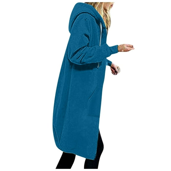 YOUSNH Women Autumn Winter Casual Fashion Solid Color Drawstring Hooded Long Zipper Pocket Coat Long Jacket Coat Women's Sweatshirts Blue XXL