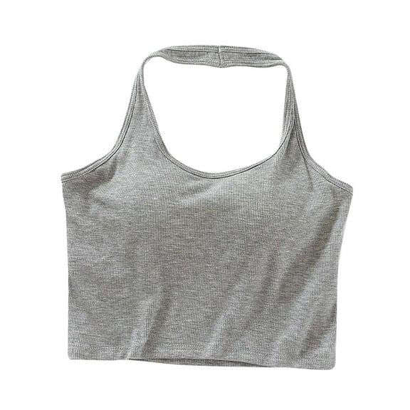 JGGSPWM Womens Halter Neck Padded Tank Tops Ribbed Knit Comfort Support Build in Bra Crop Camisoles Workout Tops Gray S