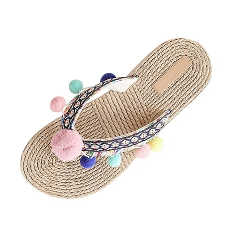 

ZTTD Fashion Summer Women Slippers Flat Soles Thick Soles Light Embroidered Wool Ball Flip Flop Comfortable Casual Style Women s Slipper A