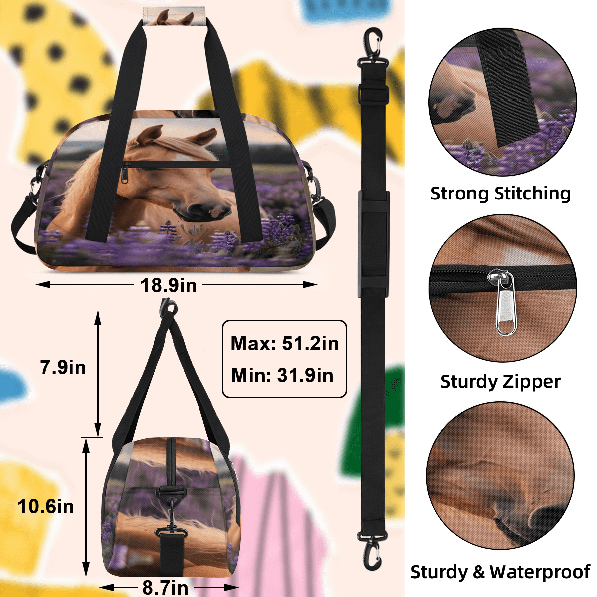 Herdesigns Horse Floral Sports Duffle Bag for Women & Men, Gym Bag Dance Bag Overnight Bag Carry On Weekender Travel Bag