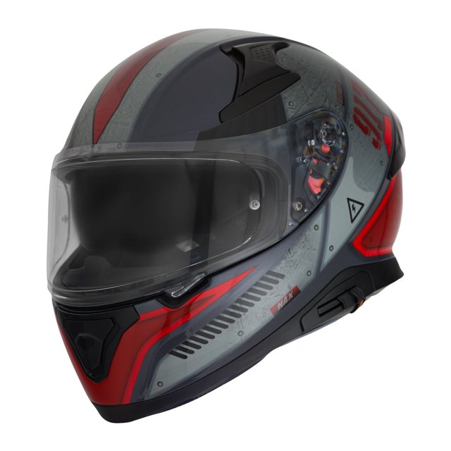 casco motocicleta hax helmets impulse droid rojo talla s casco integral gris con detalles rojos, vista tres cuartos frontal; doble visera y visor solar retráctil, listo para PINLOCK y con alojamiento para auriculares bluetooth, spoiler integrado y ventilaciones visibles; también suele usarse para prácticas de pista amateur por su diseño aerodinámico.