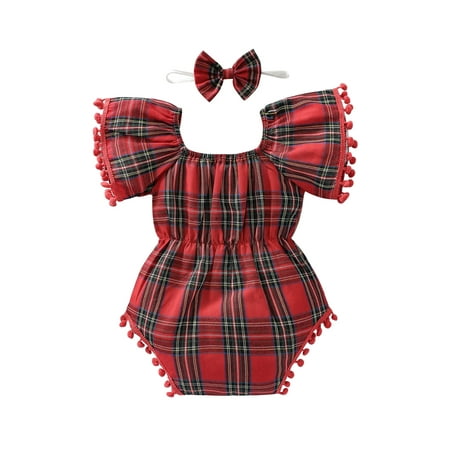 

0-24M Infant Baby Girl Romper Plaid Print Ruffle Short Sleeve Tunic Playsuit+Headband Summer 2pcs