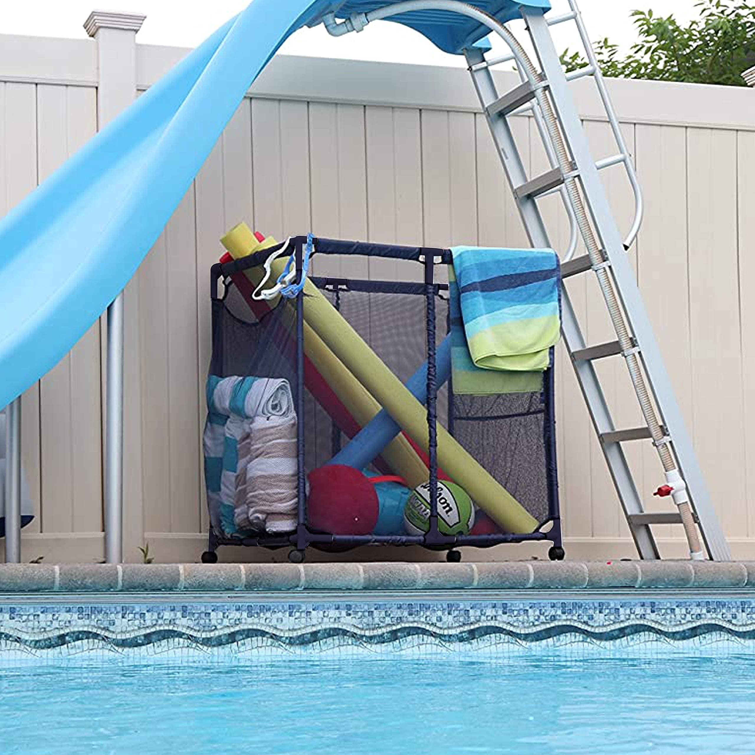 Essentially Yours Rolling Pool Toy Storage Bin, Pool Floats, Balls and Equipment Organizer, Large, Blue, 35" W x 25.4" L x 37.5" H