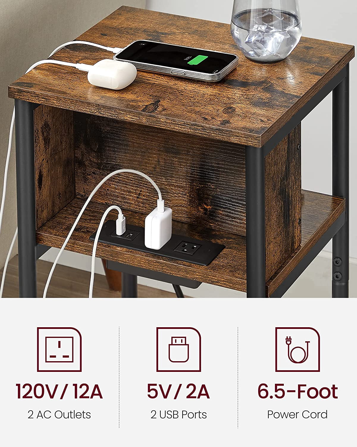 Side Table with Charging Station, 3-Tier End Table Nightstand for Living Room Bedroom Rustic Brown and Black