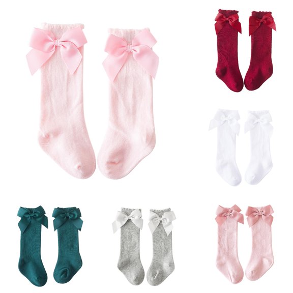 GobdXE Fine Rib Ruffle Edge Grosgrain Bow Calf Socks Soft Stretch Daily Party Socks for Baby Girls Pink,18-36 Months