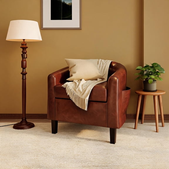 Modern Faux Leather Barrel Accent Chair – U-Shaped Club Armchair with Thick Padded Seat & Comfortable Armrests – For Living Room, Bedroom & Waiting Room