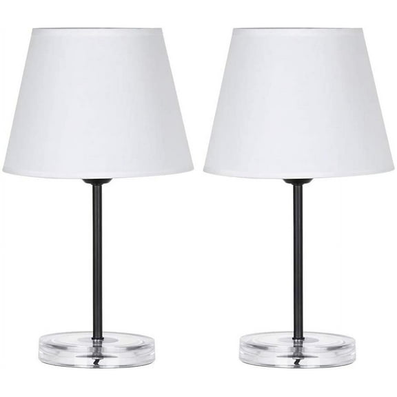 Set of 2 Bedside Lamps with Acrylic Base Black Metal, White Fabric Shade