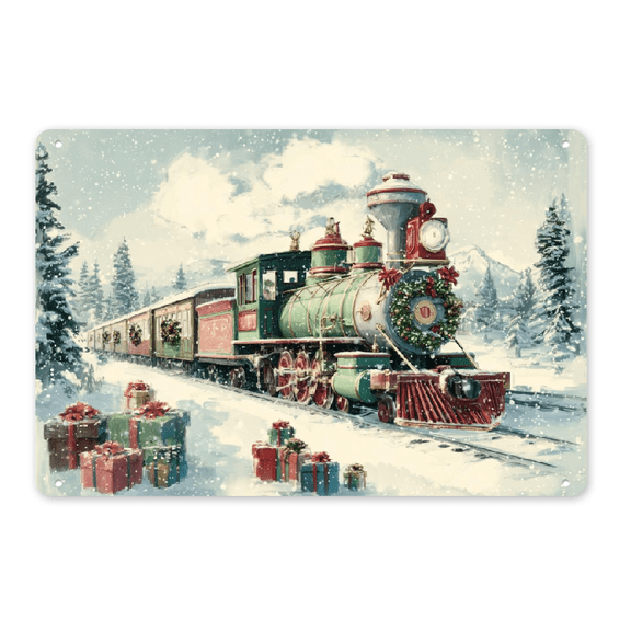 2D Flat 1pc Vintage Christmas Train Metal Tin Sign, 12x8 Inch Festive Holiday Wall Decor for Home, Office, Bar, Cafe, Library, Garage - IndoorOutdoor Hanging Art Plaque, Iron Construction