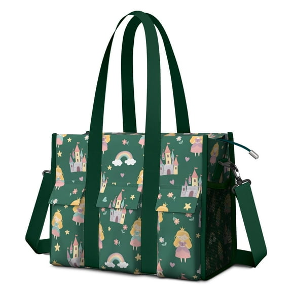 Teacher Tote Bag,Green Princess Castle Pattern Teacher Utility Tote Bag,Large Work Tote Bags for Women with Multiple Pockets,Top Zipper Closure,13.8x10.6x6.7 Inch