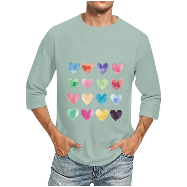 Camisas de Manga Larga para los Hombres Día de San Valentín Impresión Cuello Redondo Moda Casual, Mezcla de Poliéster de Lino de Algodón para Primavera Verano