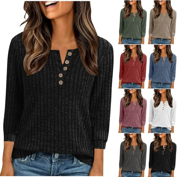 NSLGXD Ribbed Henley Shirts for Women 3/4 Sleeve V Neck Knit Sweater Button Slim Fit Warm Fall Tops Casual Solid Knitted Tunic Blouses