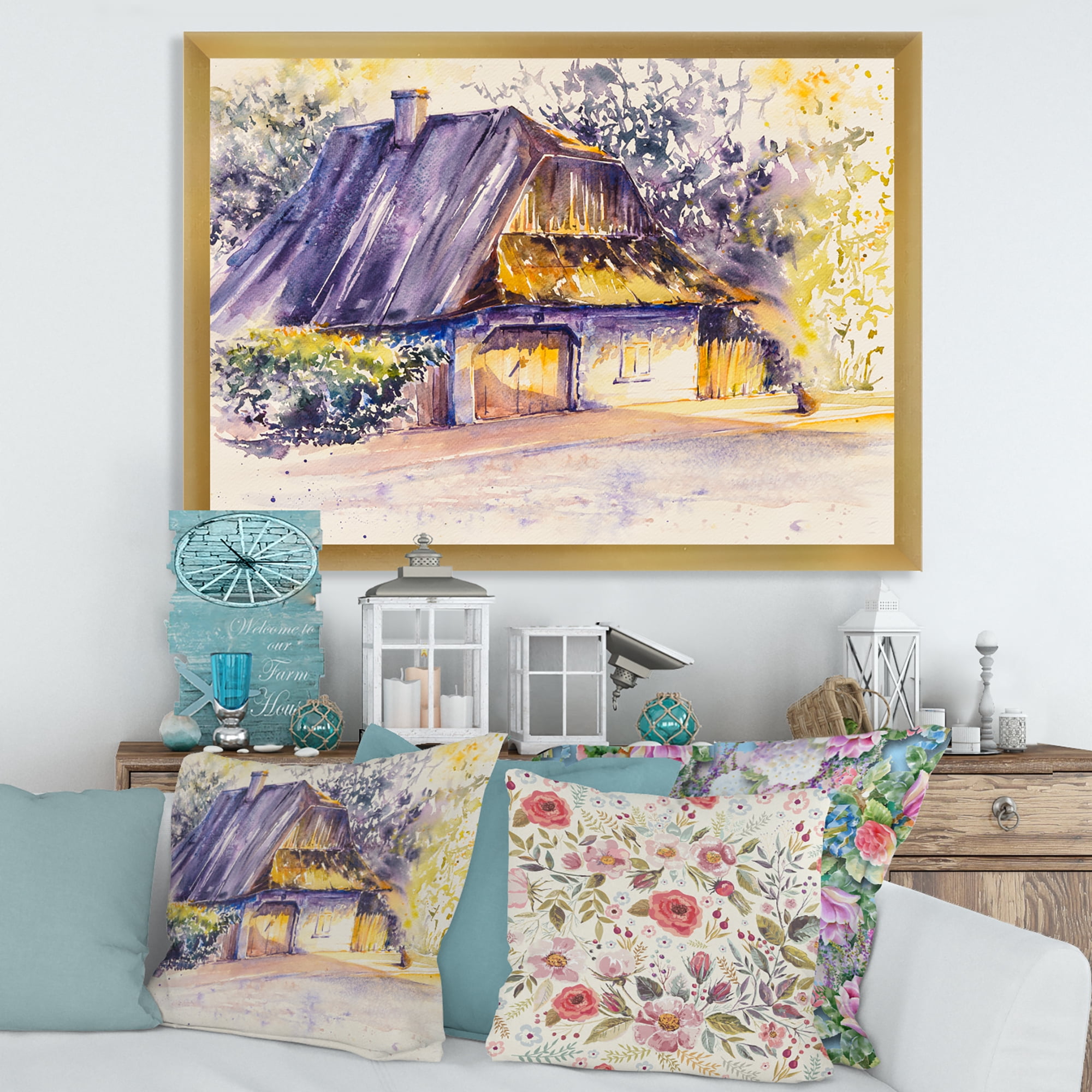 Old Wooden White House In Country Side Village During Afternoon Glow 32 in x 16 in Framed Painting Canvas Art Print, by Designart