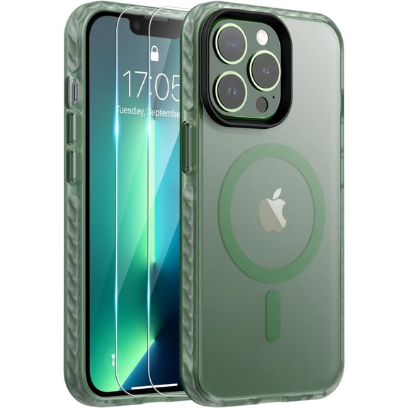 Magnetic for iPhone 13 Pro Max Case [Compatible with MagSafe] 2Pcs Screen Protector Hard Translucent Matte Back Soft TPU Bumper Slim Fit Shockproof Phone Case for iPhone 13 Pro Max, Dark Green