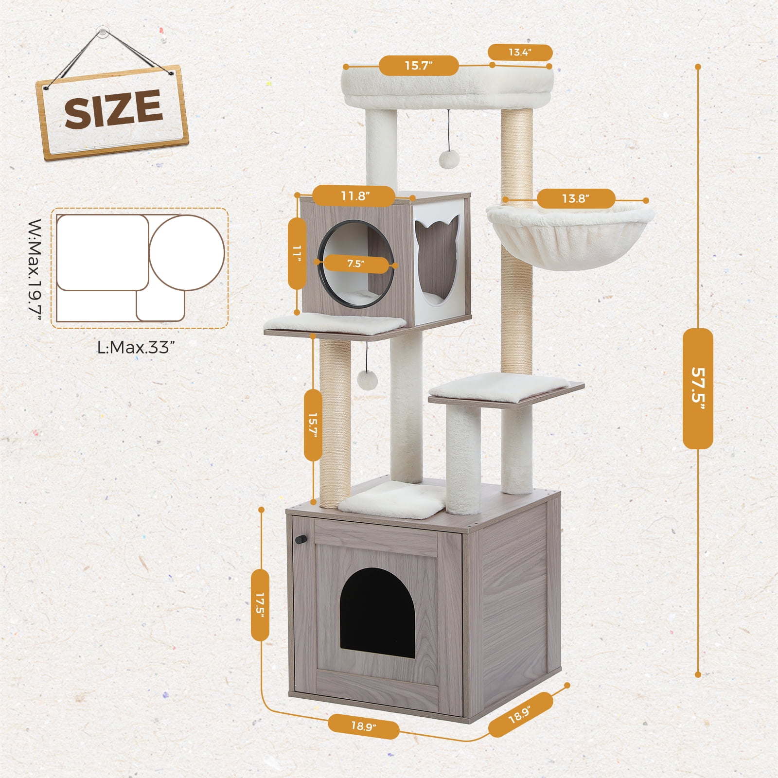 PEQULTI 57.5" Wood Cat Tree with Litter Box Large Cat Tower Indoor with Sisal Scratching Post Gray