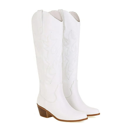 

Rockomi Women s Embroidered Cowboy Boots Knee High Heel Chunky Heel Pointed Toe Fashion Retro Classic Boot Pull-On Western Shoes White 8