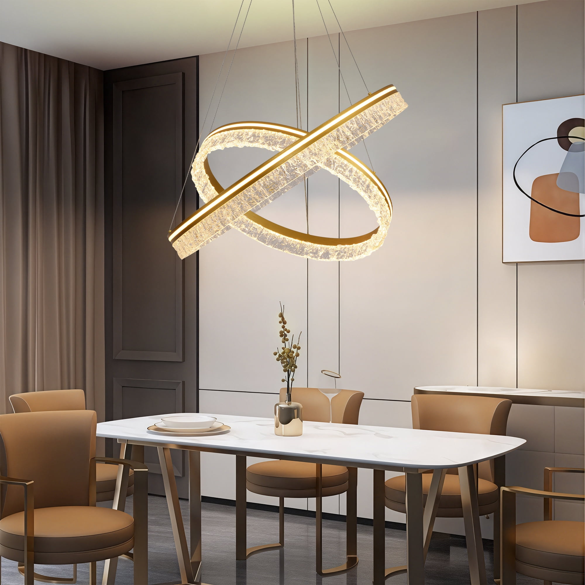 Modern 2-Ring Gold LED Chandelier, Dimmable Pendant Light with Remote, Adjustable Height Ceiling Fixture for Kitchen Island, Dining Room, Bedroom