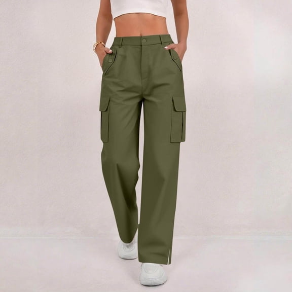 JUSLIO Cargo Pants for Women Casual Button Side Opening Comfortable Green L