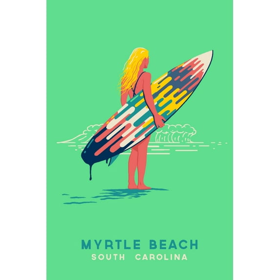Myrtle Beach, South Carolina, Sweet Relief Collection, Surfer Girl with Surfboard (36x54 Giclee Gallery Art Print, Vivid Textured Wall Decor)