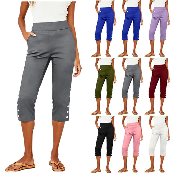 Yertdoel Capri Pants for Women Elastic Waist Button Split Hem Solid Color Workout Capris with Pockets Daily Cozy Casual Lightweight Capri Pants