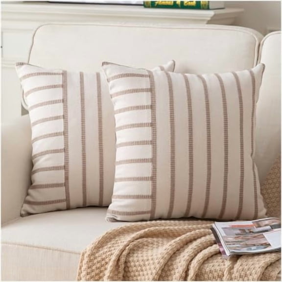 Boho Throw Pillow Covers 18x18 Set of 2 Soft Farmhouse Decorative Couch Pillow Cases Beige Striped Pillow Covers Neutral Cushion Covers for Sofa Bed Living Room Home Decor