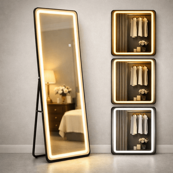 Espejo de Piso Cuerpo Completo con Luz Led de 3 Tonos Soporte y Marco Diseño Minimalista - Espejo de Pie y Pared para Dormitorio Recamara Sala Baño e Interiores 143 cm
