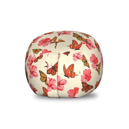 Flowers Insects Storage Toy Bag Chair  Tropical Garden Hibiscus and Monarch Butterflies Pattern  Stuffed Animal Organizer Washable Bag  Large Size  Eggshell Coral and Orange  by Ambesonne