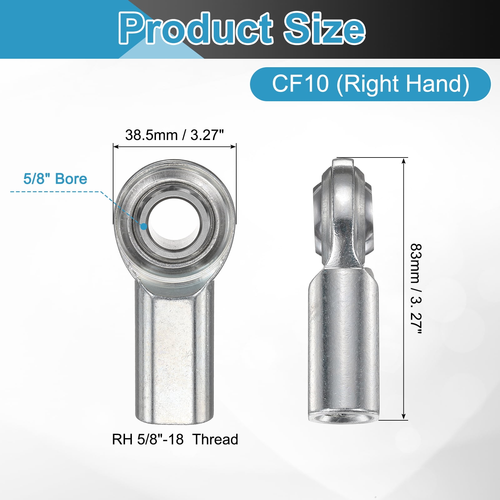 2 Pack CF10 Rod End Bearing 5/8" Bore, RH 5/8-18 UNF Right Hand Female Thread, 1045 Steel Rod Ends Joint with Jam Nut