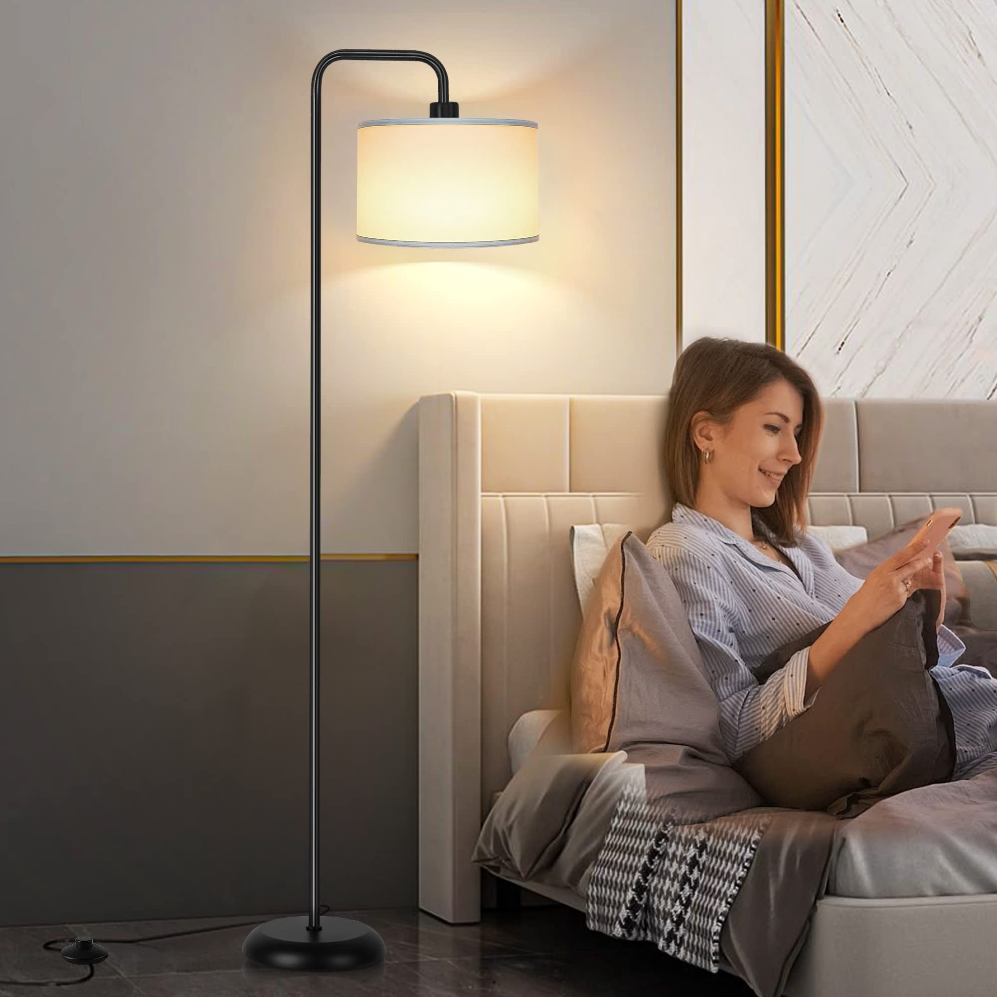 [upgraded] Led Floor Lamp For Living Room  3 Color Temperature With Foot Modern Standing Tall Pole Reading Bedroom Study Office 9w Bulb Included Black