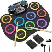 Electronic Drum Set 9Pads with LED Lights, Bluetooth Portable Electronic Drum Kit, Roll-Up Practice Drum Pad, Built-in Dual Speakers, Headphone, Holiday Birthday Gift for Kids