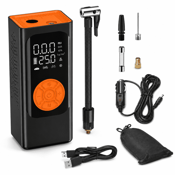 Fenbeli Portable Tire Inflator, 150PSI Cordless Air Compressor with 6000mAh Battery, DC 12V Dual Power, Auto Shut-Off and Digital Gauge, Black