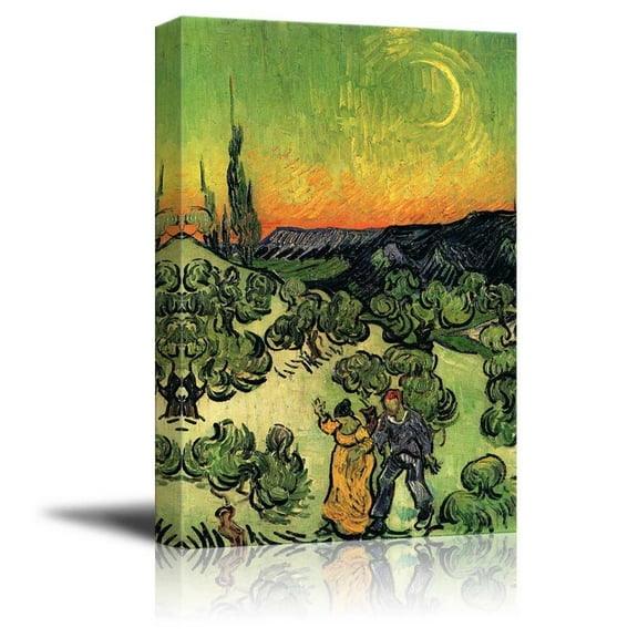 wall26 Landscape with Couple Walking and Crescent Moon by Vincent van Gogh - Canvas Print Wall Art Famous Painting Reproduction - 12" x 18"