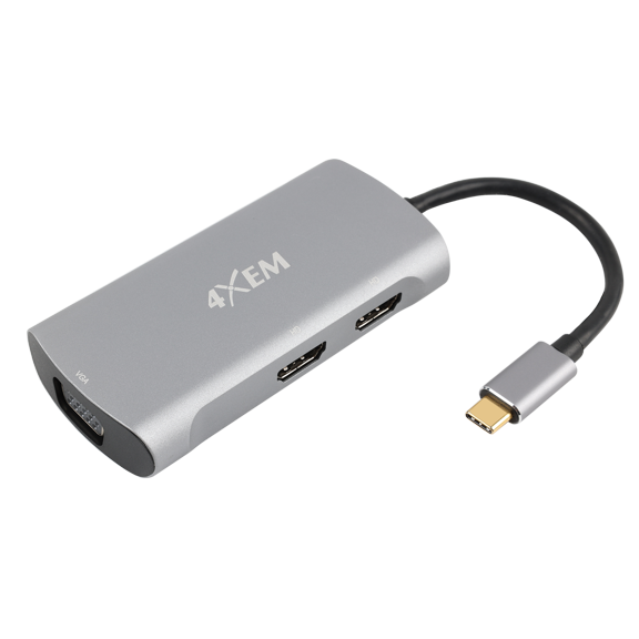 4XEM 3-Port Multi-Monitor Adapter Hub - USB-C to 2 HDMI 2.0 and VGA Ports, Double 4K @ 60Hz HDMI and 1920x1200 VGA Video Monitors, Video Splitter, Mirror, Extension on Windows PCs