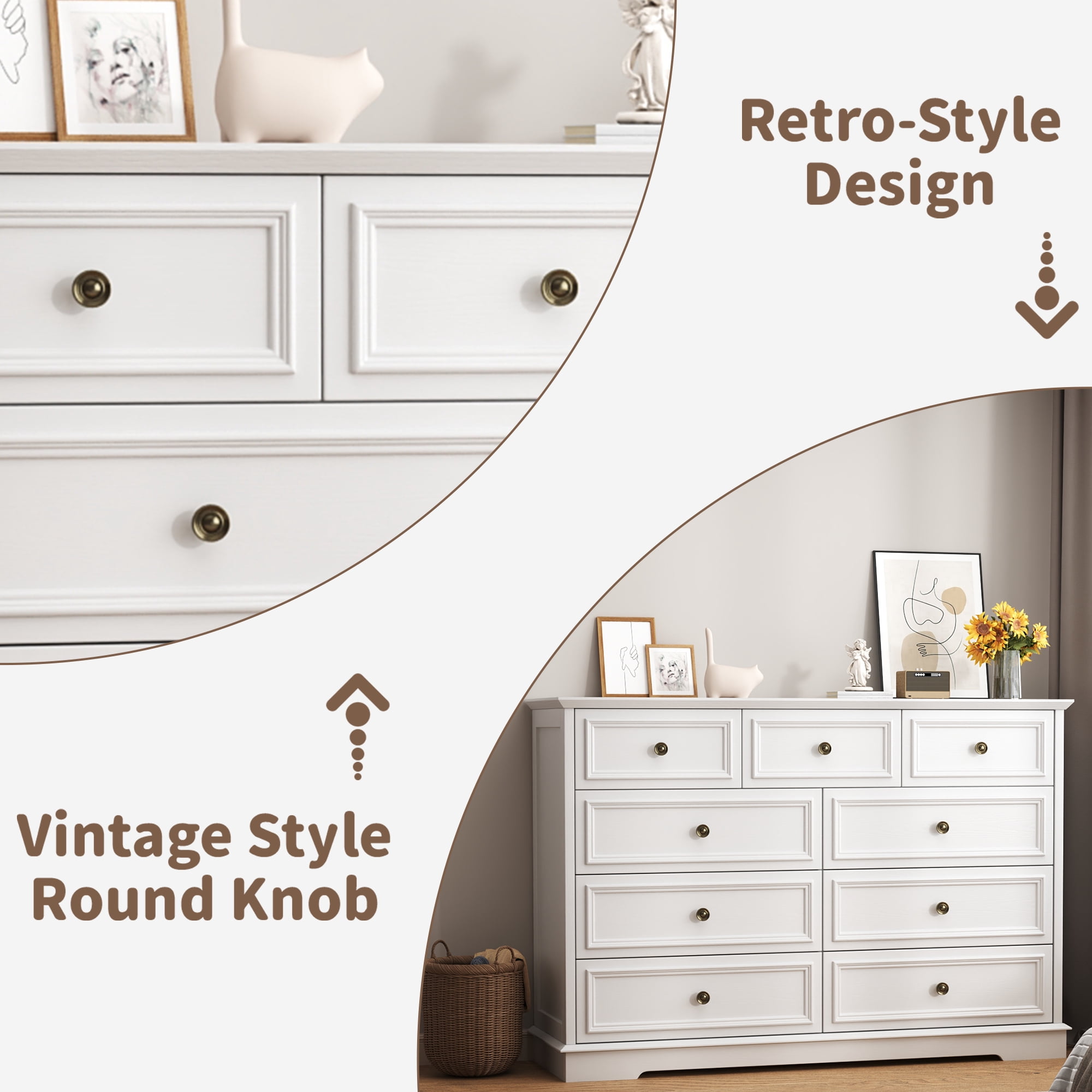 9 Drawer Dresser for Bedroom, Wood Chest of Drawers, Rustic-Style Dresser with Metal Handles, Tall Storage Dresser Organizer, White