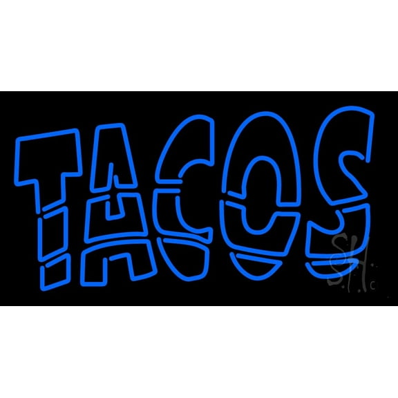 Double Stroke Blue Tacos LED Neon Sign 20 x 37 - inches, Black Square Cut Acrylic Backing, with Dimmer - Bright and Premium built indoor LED Neon Sign for restaurant window and interior decor.