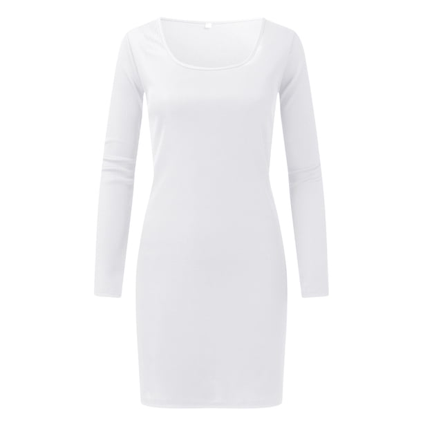 Gibobby Vestido de punto para mujer Vestido midi ajustado elástico de cintura alta con abertura y cuello cuadrado de manga larga para mujer(Blanco,M)