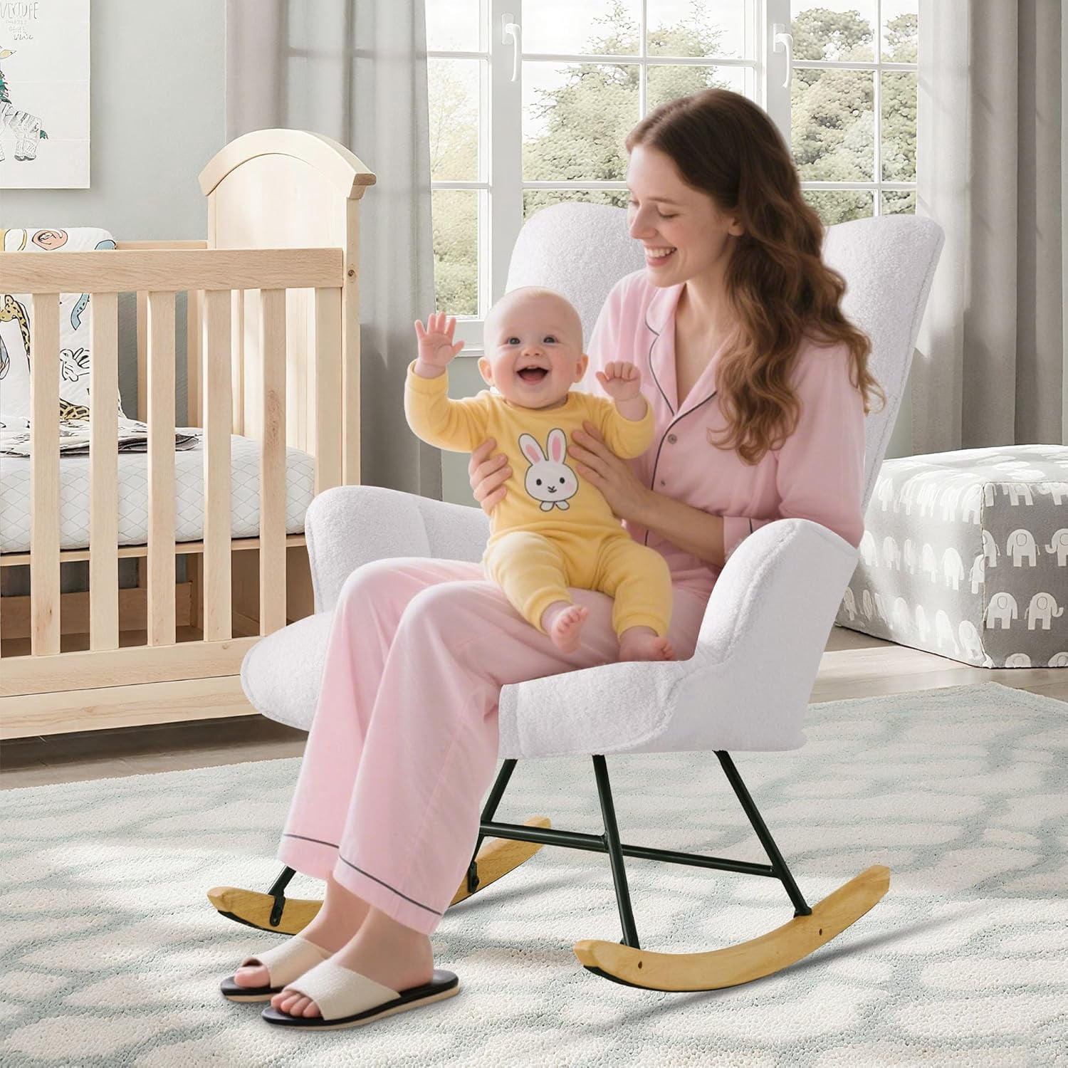 QuzyAor Teddy Fabric Nursery Glider Rocking Chair,Soft Upholstered Chair with Optional Footrest & Headrest for Baby Nursery Living Room,Ivory