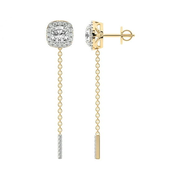 Boucle d'Oreille Pendante en Diamant / Pendentif en Diamant de Laboratoire de Forme Coussin de 10 Carats Certifié IGI / 14K en Or Jaune / Boucles d'Oreilles Halo en Diamant de Labo Ivalyn / Qualité FG-VS1-VS2 / Friendly Diamonds