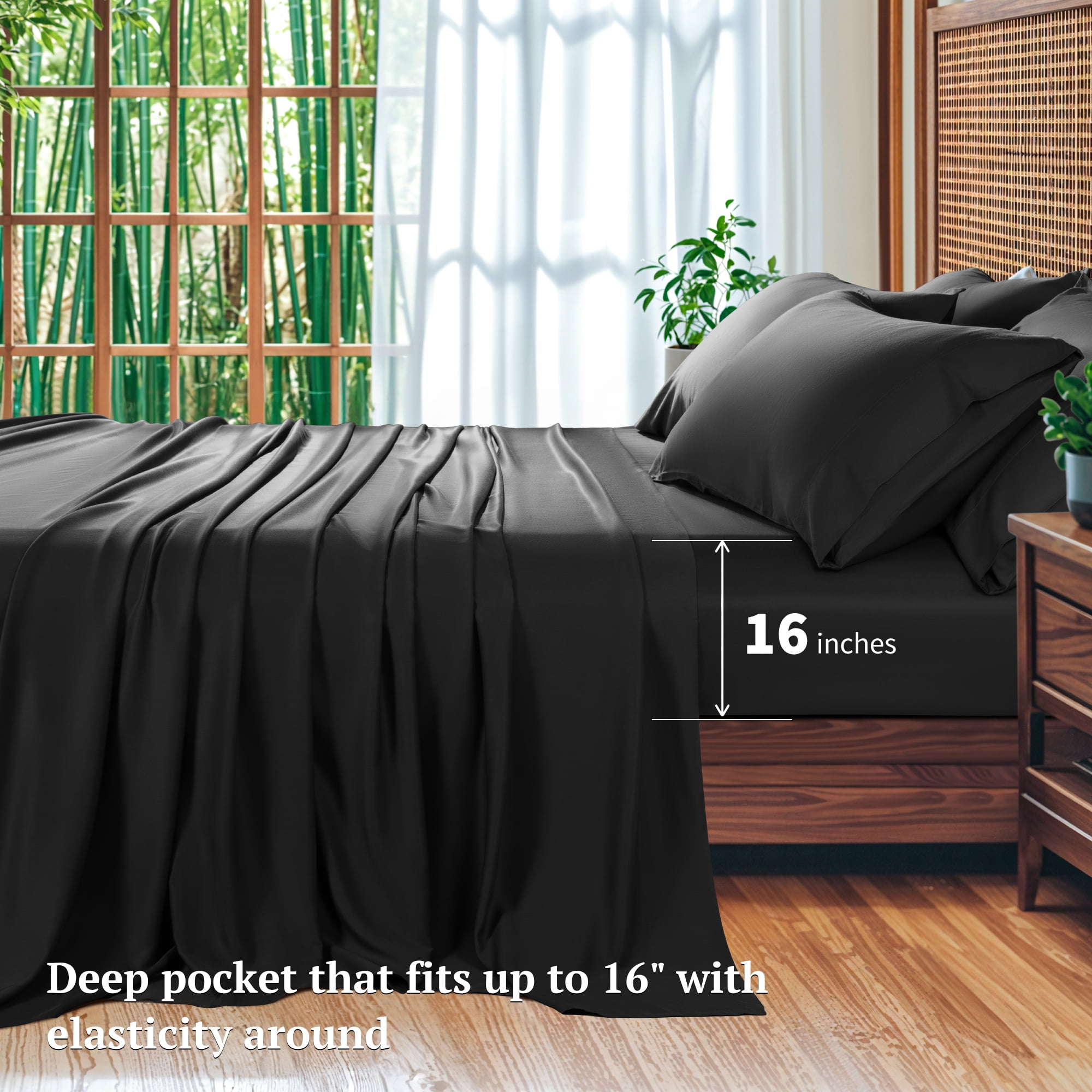 SONORO KATE 6 Pieces Bamboo Bed Sheets Set, Luxury Rayon Derived - Deep Pockets - Wrinkle Free - Extremely Soft, Queen, Black
