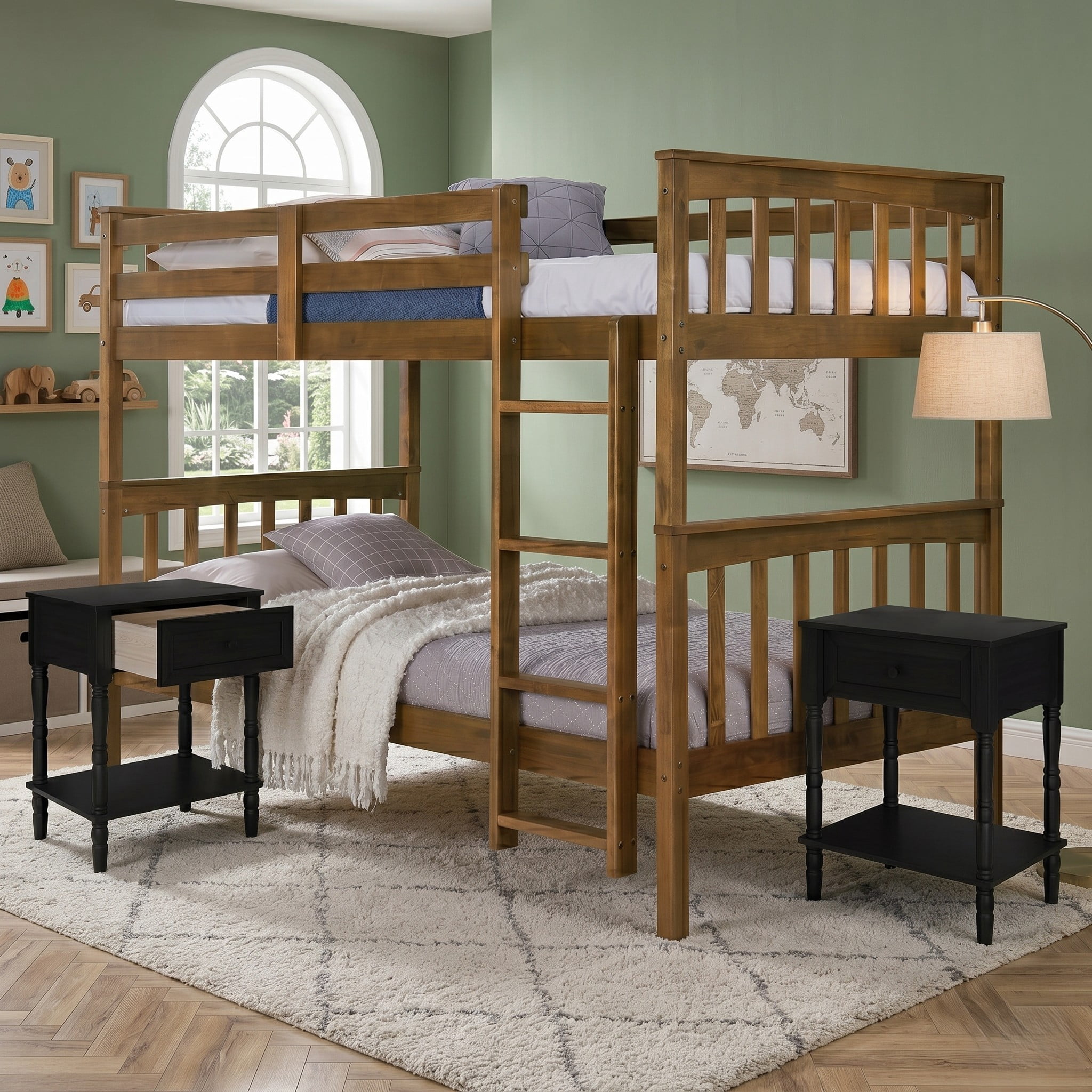 Home Design Ames Twin Over Twin Solid Wood Bunk Bed with 2 Ruston Nightstand – 3-Piece Space-Saving Bedroom Set, Brown/ Black