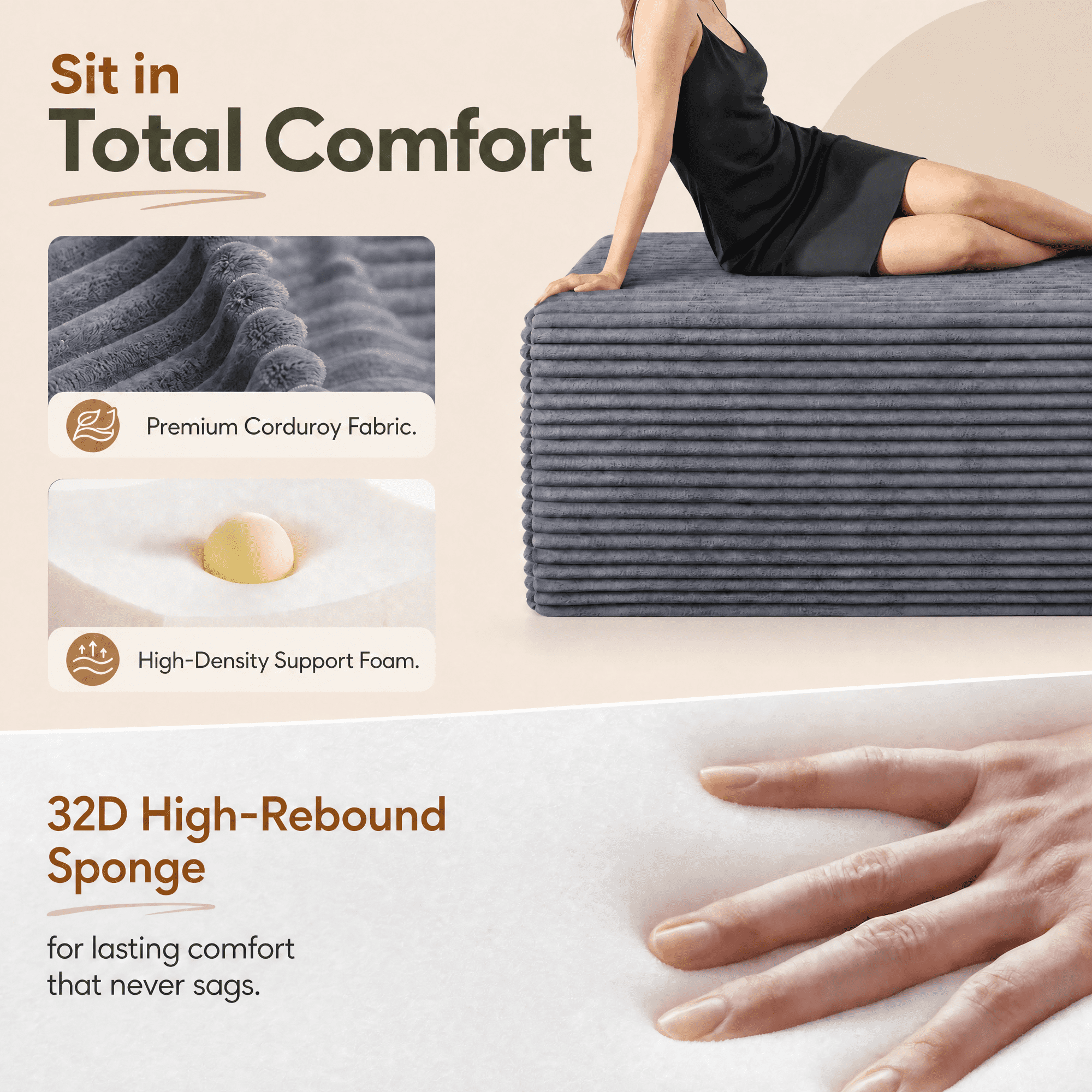 Large Oversized Corduroy Ottoman Footrest for Sofa Large Rectangle Floor Bench Extra Seating Coffee Table for Living Room, No Assembly (Gray)