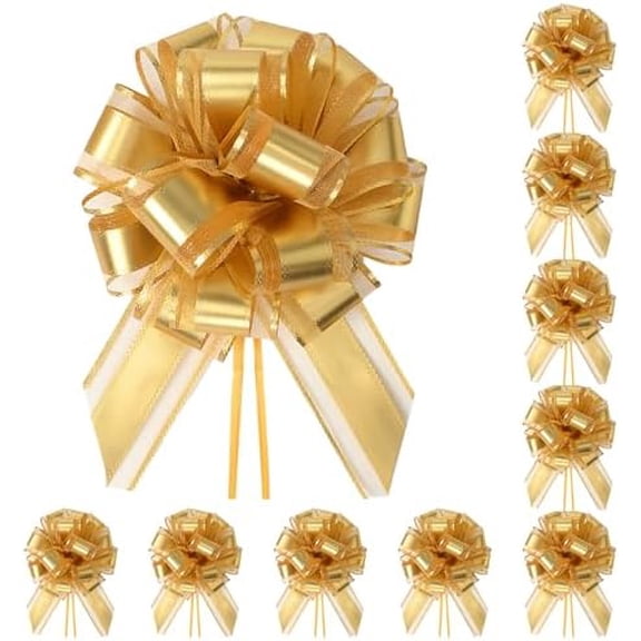 10-Pack Metallic Gold Pull Bows for Gift Wrapping - 6 Inch Reusable Ribbon Bows, Large Instant Floral Decor Bows for Wedding, Christmas, Birthday Decor, Gift Basket & Party Decorations